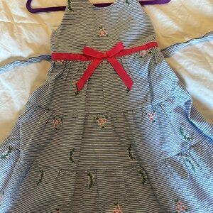 Sear-sucker style linen feel halter Dress with pink embroidery and Bow